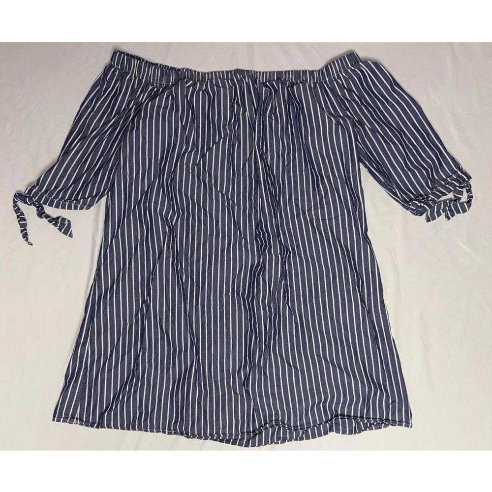 Tacera Off-Shoulder Navy Blue Striped Cotton Dress